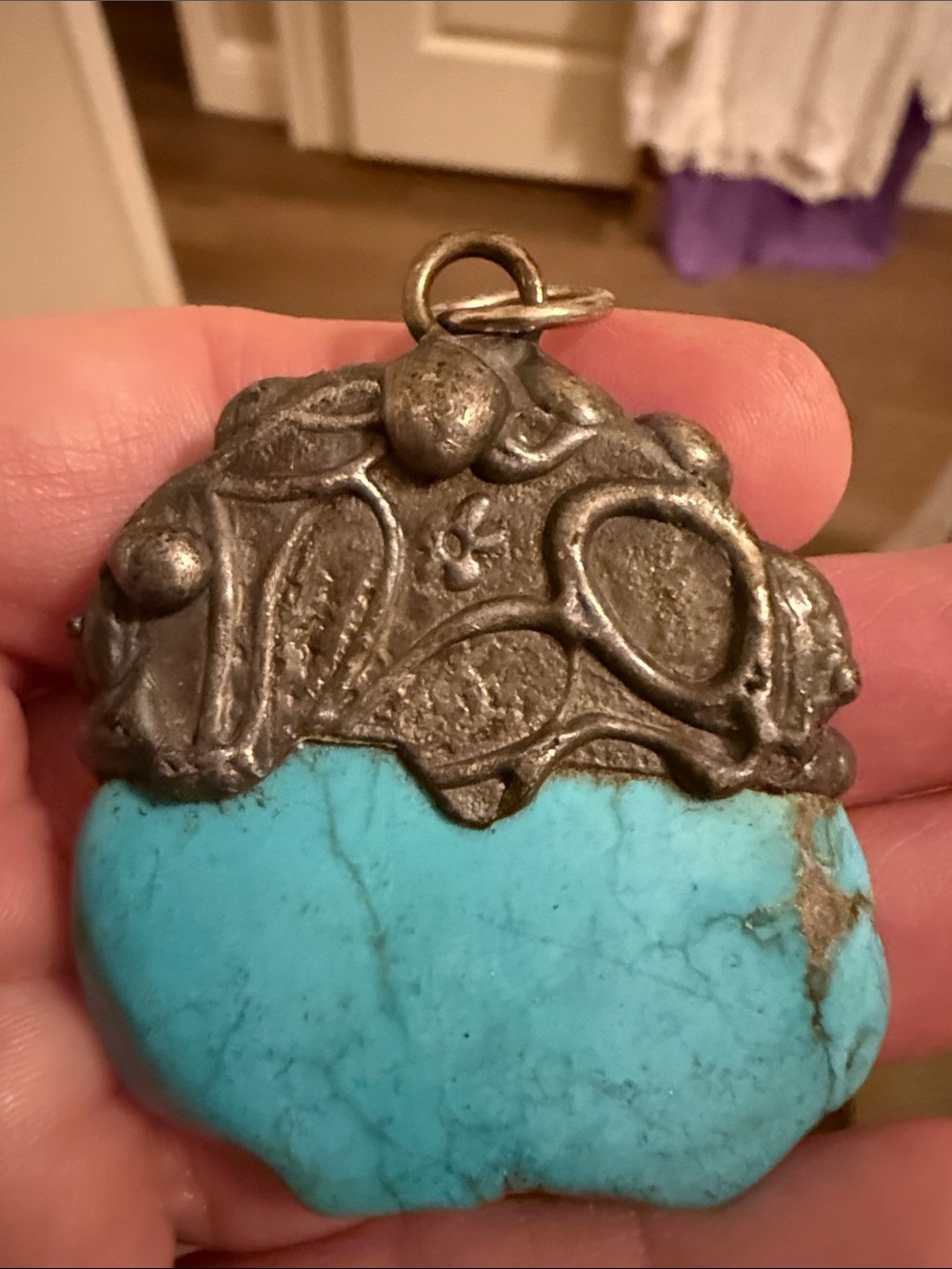 Turquoise Stone Pendant with Decorative Metal Cap - Picture 2 of 4
